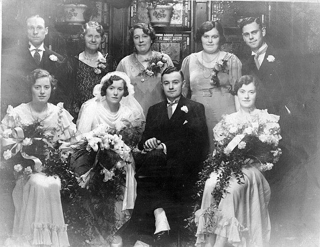 John Carnaby and Margery Elbourne  on their wedding day in 1934 at the Parrs Head, and with Mrs Millicent Rebecca Carnaby just behind.