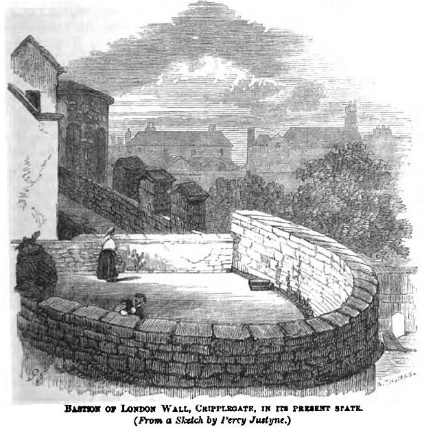 Bastion of London Wall, Cripplegate, in the present state - circa 1866 (froma sketch by Percy Justyne)