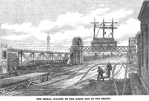 Charing Cross Signal Station in 1864, on the north end of the bridge