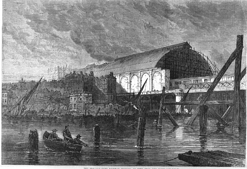 Charing Cross Station in 1864, as viewed from the river