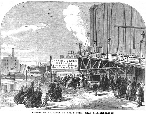 Charing Cross Station in 1864, temporary entrance from Villiers styreet