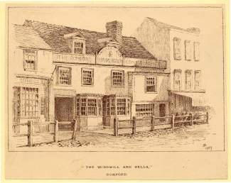 The Windmill & Bells, Romford, in 1889 from a sketch by Bamford 