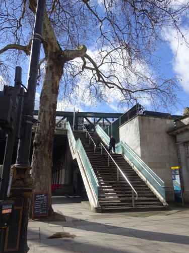 The stairs up to the Golden Cross bridge, from the Embankment - March 2020