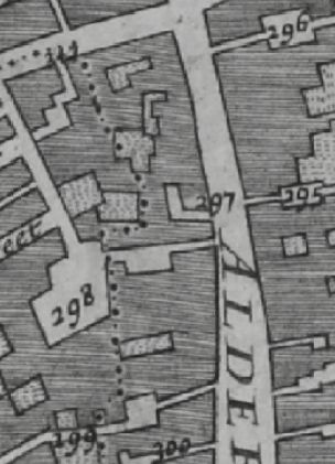 Morgans map of London in 1682 lists 295 Lauderdale Court ; 296 Bell Inne ; 297 Peacock Inne ; 298 Swan Inne ; 299 Half moon alley and 300 Black horse Court.