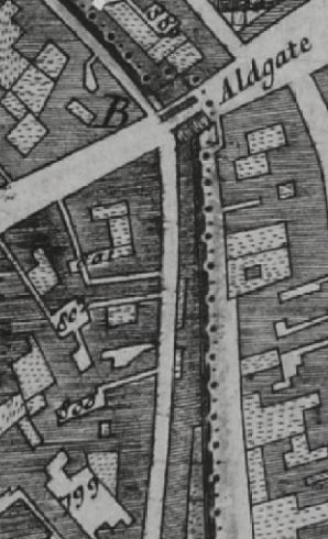 Morgans Map of London in 1682 shows Aldgate, and Jewry street leading south, and listed are 799 Kings Arms Inne, Jewry street and 802 Sarazens head Inne, Aldgate High street.
