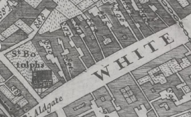 Aldgate High Street, then named Whitechapel - in Morgans Map of London in 1682 listing 890 Crown Inne ; 891 Three Nunn Inne ; 893 White bear alley ; 894 Sunn & Trumpet ; 895 Black bull alley ; 896 Blew boar lane and 898 White horse alley.