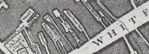 Aldgate High Street, then named Whitechapel - in John Rocques Map of London in 1746 listing St Botolphs Church ; Three  Nuns Inn ; White Bear Alley ; Sun Court ; Crown Inn ; Black Bull yard ; Blue Boar Inn ; and Black Horse yard.