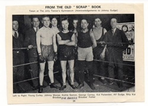 The Jolly Tanners Gymnasium. Left to Right, Young Curley, Johnny Sharpe,Archie Sexton, George Carney, Kid Pattenden, Alf Gudge, Billy Kid Brookes, Joe Baker (my grandfather) and Mr Brookes.