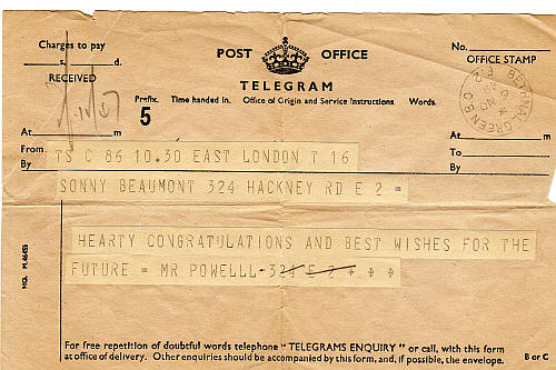 Telegram in November 1948 to Sonny Beaumont, 324 Hackney Road - on the wedding day