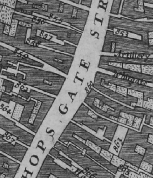 Bishopsgate street in 1682 Morgans Map records 853 Red Lion Inne and 863 Catherine wheel Inne. It also records 855 Soapers alley ; 862 Crown yard ; 856 Horshoe alley ; 857 White hind Court ; 858 Three Tunn alley ; 859 Half moon alley ; 862 Crown yard ; 864 Swan yard ; 867 Bottle alley plus 865 Rose alley and 866 Vine Court.
