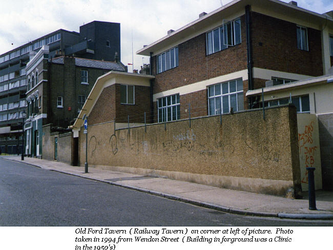 Old Ford Tavern (Railway Tavern) on corner of picture - in 1994 from Wendon Street (Building in foreground was a clinic in the 1950's).