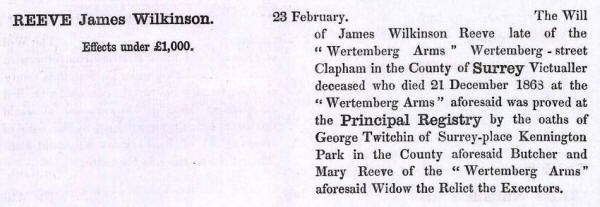 Reeve James Wilkinson, The will of James Wilkinson Reeve late of the Wertemberg Arms, Wertemberg Street Clapham in the County of Surrey Victualler deceased who died 21 December 1868 at the Wertemberg Arms.