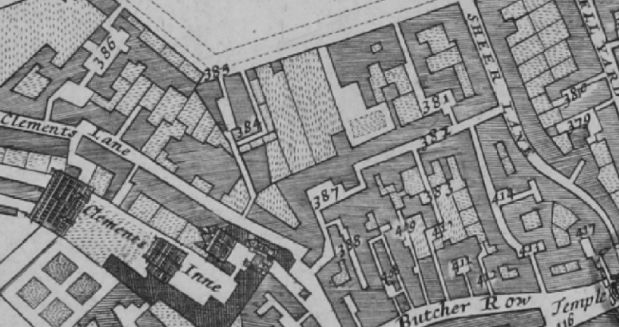 In the Morgans 1682 Map of London lists '386 Grange Inne' which is near Clements Inn and Lincolns Inn fields, '379 Bell Inne', Bell yard and '385 Plough Inne', Lincolns Inn fields.
