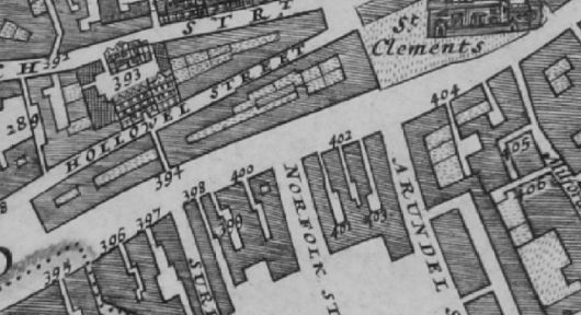 In the Morgans 1682 Map of London lists '397 Talbot Inne' which is in Strand, south side, eastern end.
