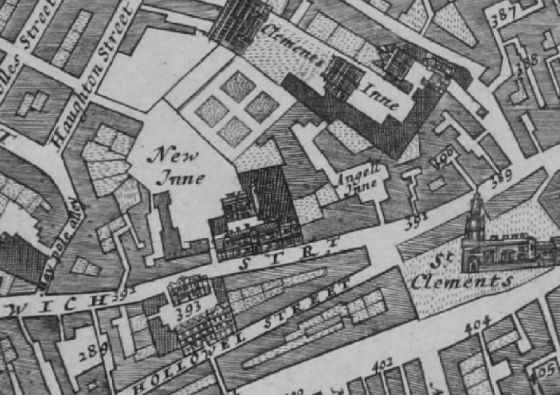In the Morgans 1682 Map of London shows the entirety of Wych street and lists 389 Lamb Inne ; 390 Hand & Holly bush ; Angel Inn .