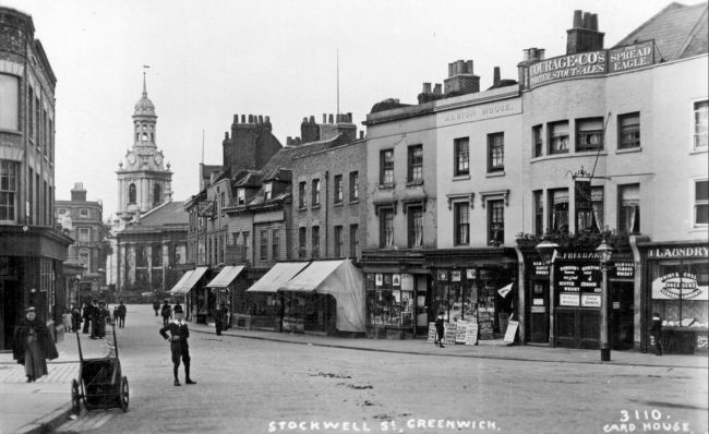 The Spread Eagle, looking down Stockwell Street towards St Alfege Church, the landlord is George Freeman in 1905