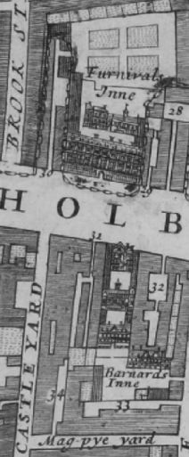 Brook street and Holborn in 1682 Morgans Map records 28 Chequers Inne ; 29 Crown Inne ; Furnivals Inn ; 30 Greyhound Inne ; 33 White horse Inne and 34 Magpie Inne, off of Mag pye yard, leading to Fetter Lane.