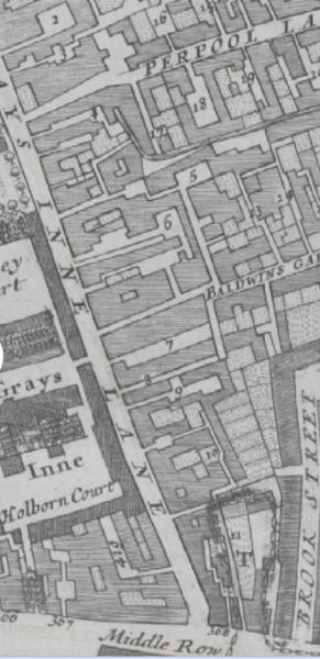 Grays Inn lane in 1682 Morgans Map records 2 Black Bull Inne ; 3 Red Lion Inne ; 4 Cock & Dolphin Inne ; 6 Kings Head Inne ; 9 Bell Inne and 11 Fox Inne.