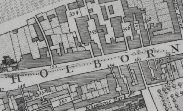 In the Morgans 1682 Map of London on the north side of High Holborn are listed 354 Blew boar Inne ; 355 Red lion Inne ; 356 Three Cups Inne ; and on the south side 352 Castle Inne ; 359 Unicorne Inne ; 360 Sword & buckler Inne ; 362 John Baptist Inneand 363 Star Inne.