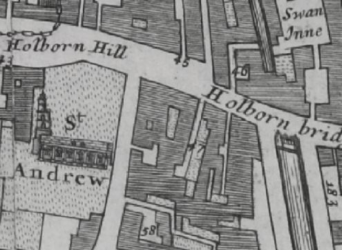 Shoe Lane and Holborn Bridge in 1682 Morgans Map records 58 Windmill Inne and 46 Swan with Two Necks Inne.