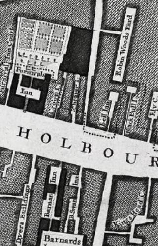 Leather Lane and Holborn in 1746 Rocques Map records from left to right are Furnivals Inn ; Crown Inn ; Chequers Inn ; Bell Inn and Black Bull Inn. On south side are Black Swan Inn and Kings Head Court.