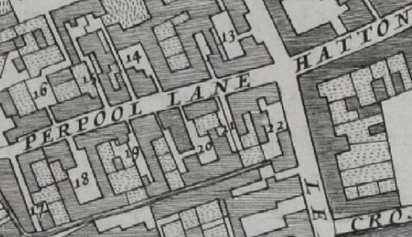 Portpool Lane lane in 1682 Morgans Map records 13 Cock alley ; 14 Rose & Crown Court ; 17 Hoop alley ; 18 Falcon Inne ; 19 Sugar loaf Court ; 20 Crown Court ; 21 Pump yard and 22 White hart Inne.