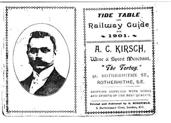 The reverse of a Tide Table & Railway Timetable produced by Albert Charles Kirsch in 1901