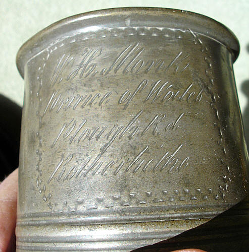 The Pewter Tankard inscribed to W H Monk, Prince of Wales, Plough Road, Rotherhithe - circa 1881