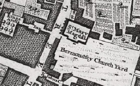 The John Rocques Map of London in 1746 listing lists the Kings Arms Inn, opposite St Mary Magdalen, and Bermondsey churchyard
