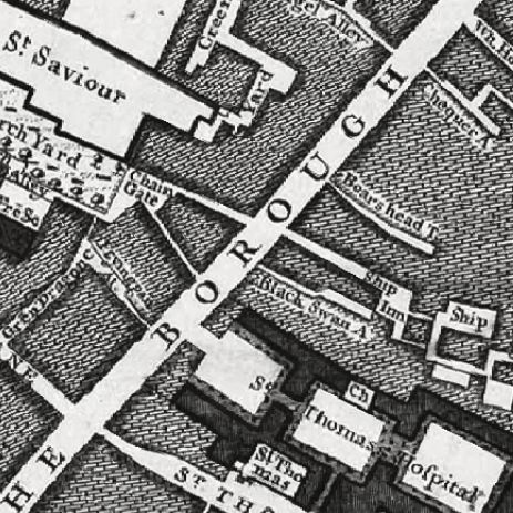 Borough High Street in 1746 John Rocques map marks Black Swan alley ; Ship Inn and Boars head.