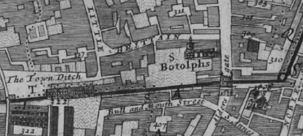 Bull & Mouth, Bull & Mouth street, St Martins in the 1682 Morgans map. You can clearly see the line of the LOndon City Wall marked on the map running east west, before it turns north after passing the Falcon (310).