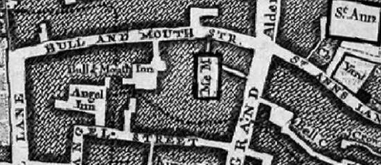 Bull & Mouth, Bull & Mouth street, St Martins in 1746 Rocques map.