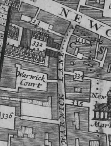 Warwick lane, Newgate in 1682 with a considerable number of errors. Listed are 325 Oxford arms Inne (should be Salutation Inn) ; 333 Bell Inne (should be Crown Inn); 334 Crown Inne (should be Bell Inn); and 336 Oxford arms Inne.