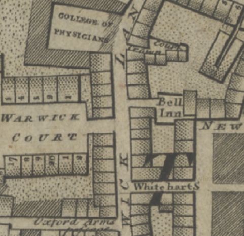 Warwick lane, Newgate in 1799 showing the Oxford Arms and the Bell Inn.