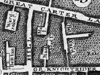 Great Carter Lane in John Rocques 1746 Map marks the Mermaid Inn and the  Maidenhead Inn.