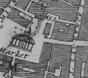 The Blossoms Inn, Lawrence lane in the 1682 Morgans map where it is denoted as '453 Blossoms Inne' in the index, just to the east of Honey lane Market and St. Laurence lane. 