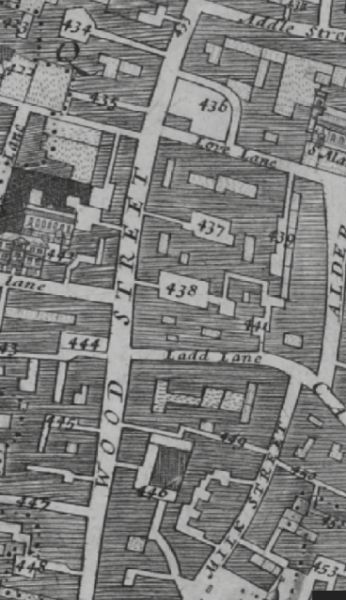 Wood street and Ladd lane in 1682 Morgans map listed as 441 Swan with Two Necks Inn.  And in Wood street are listed  434 Bell Inne ; 437 Coach & Horses Inne ; 438 Castle Inne ; and 448 Cross keys Inne.