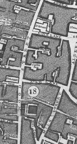 The Swan Inn, Lad Lane in the 1746 Rocques map. Also clearly marked are the Bell Inn, the White horse Inn, the Castle Inn, and the Cross keys Inn;  all in Wood street. 