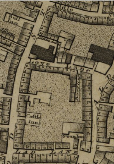 The Swan Inn, Lad Lane in the 1799 Rocques map. Also clearly marked are the Castle Inn, Wood street and the Bull Inn [Bell Inn], Wood street. 
