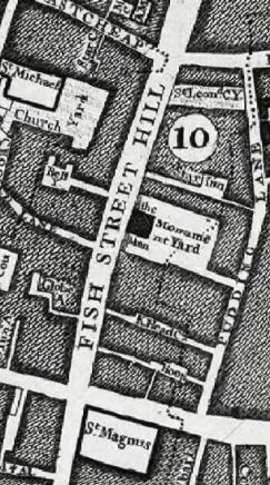 The John Rocques Map of London in 1756 clearly marks the Star Inn, the Swan and Monument Yard.