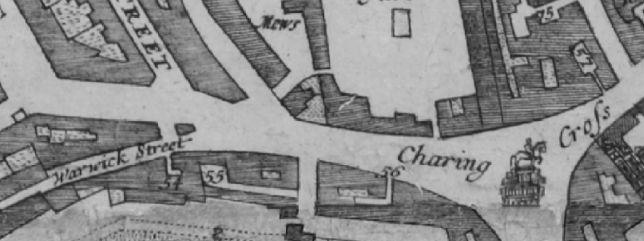 The 1682 Morgans map of London lists '55 Red Lion Inne', which is in Spring gardens, south of Charing Cross.