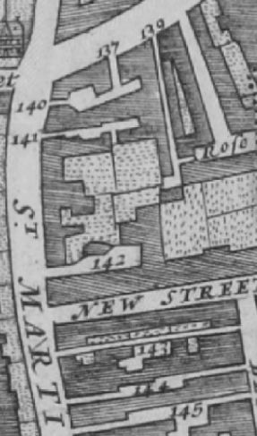 The Morgans map of London in 1682 lists '143 Cross keys Inne' in St Martins lane, '144 Kings arms Inne' in St Martins lane and Bedfordbury, and also '139 King head Inne', which is in Long Acre.'  