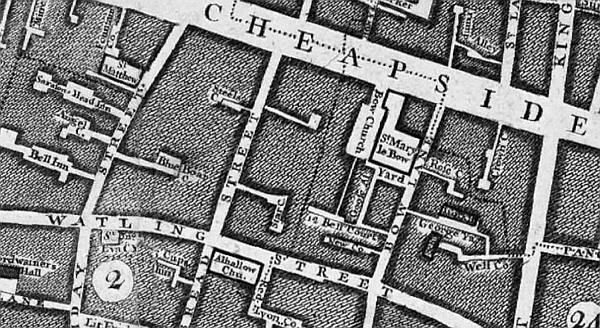 Mapping in 1746 of Cheapside and Friday street showing the Saracens Head Inn and the Bell Inn.