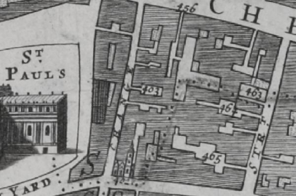 Morgans map of 1682 of Friday street near St Pauls showing 463 St Matthew Friday street ; 464 Sarazens head Inne ; and .465 Bell Inne.