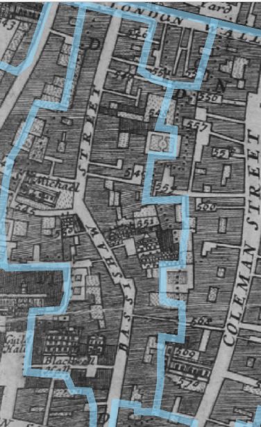 Morgans map of 1682 of Bassishaw street and the parish of St Michael Bassishaw