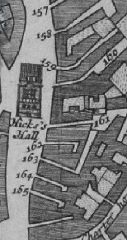 St John street, St Sepulchre near Hicks hall in 1682. Listed are 157 Three Cupps Inne ; 161 Windmill Inne ; 162 Swan with Two necks Inn ; 163 Golden Lion Inne ; 164 Bell Inne, and 165 Cross Keys Inn . 
