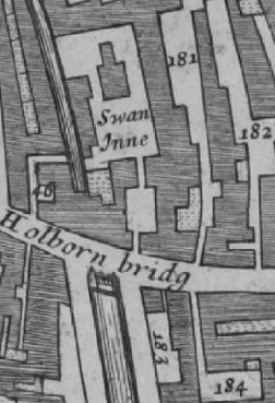 Swan Inn, Holborn Bridge in mappping by Morgans in 1682; lists the Swann Inne by name; 181 Kings Armes Inne ; 182 George Inne  ; and 183 Rose Inne