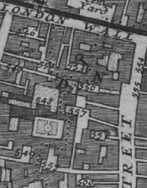 The 1682 Morgans Map of London shows the London Wall marked clearly, and Coleman street running south. Listed are 553 Fox & Goose Inne ; 555 Bell Inne ; 558 White hart Inne ; 559 White horse Inne and 560 Crown Inne.
