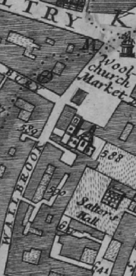 The 1682 Morgans map of London lists '589 Bell Inne' on the west side of Walbrook. 588 is St Stephen Walbrook.