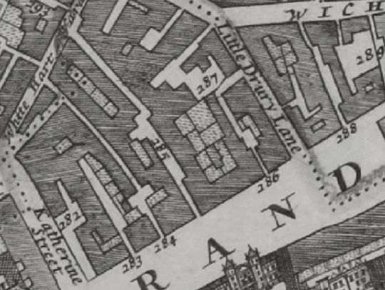 Morgans Map of London in 1682 shows Strand opposite Somerset house between Katherine street and Little Drury lane, and lists 282 Eagle & child Inne ; 284 Eagle Court ; 287 George Inne and 288 Bell Inne.